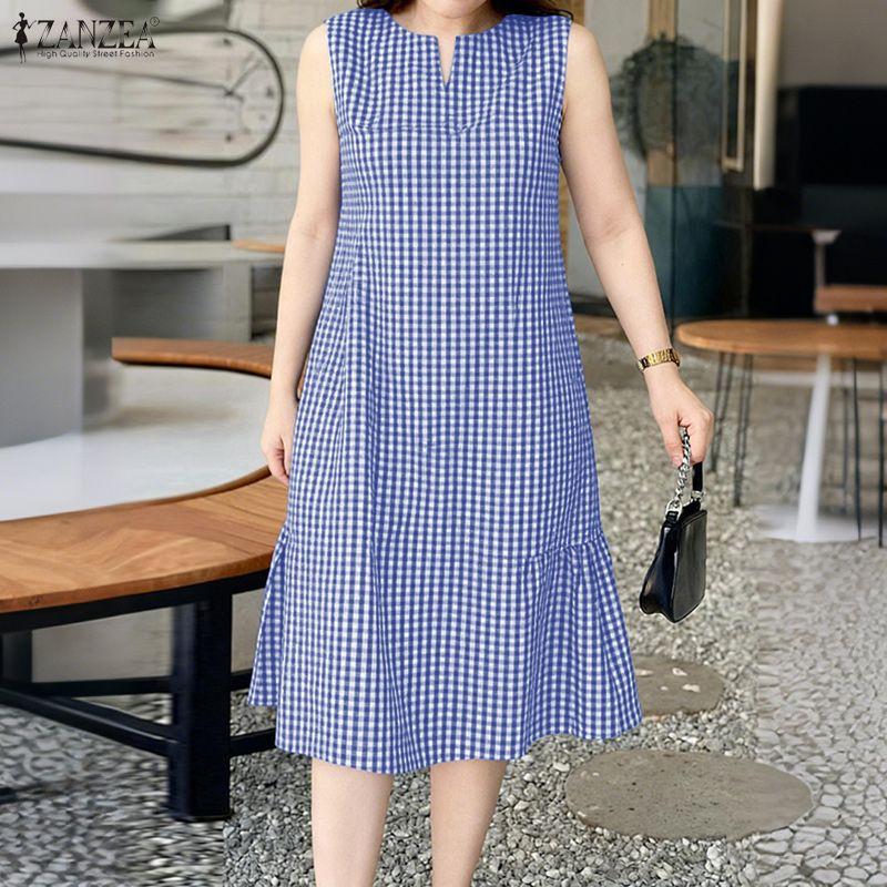 

ZANZEA Women Casual V-Neck Grid Print Summer Sleeveless Dress 3XL синій