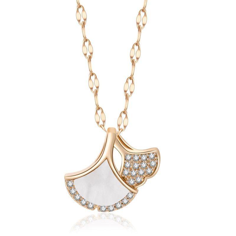 Stylish Titanium Steel Locking Chain Necklace With Inlaid Ginkgo Leaf Pendant For Trendy Women