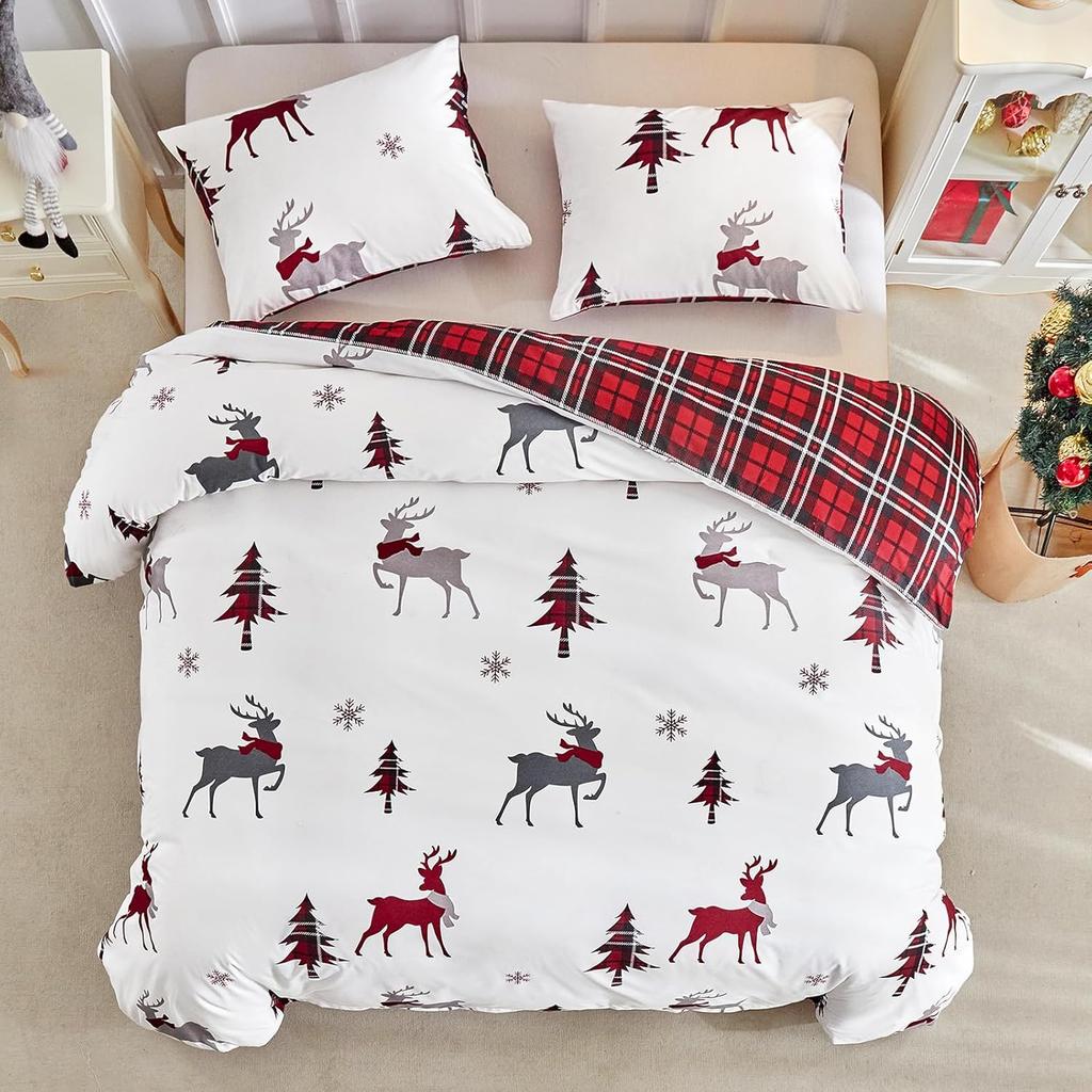 Sady povlaků na přikrývku King Size s vánočním potiskem sobů - Měkké mikrovlákno Červené Sady ložního prádla King Size Vánoční ložní prádlo 230x220 cm