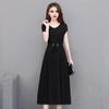 Plus Size Summer Lady Dress Slim Fit A-line Midi Dress Round Neck Short Sleeves Slim Waist Pure Color Mid-calf Length OL Commute