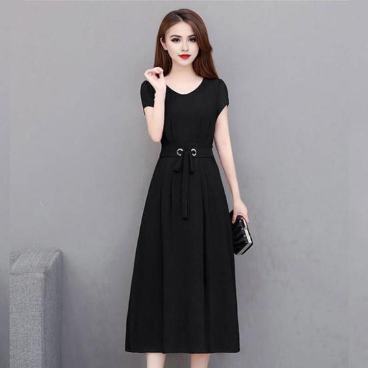 Plus Size Summer Lady Dress Slim Fit A-line Midi Dress Round Neck Short Sleeves Slim Waist Pure Color Mid-calf Length OL Commute