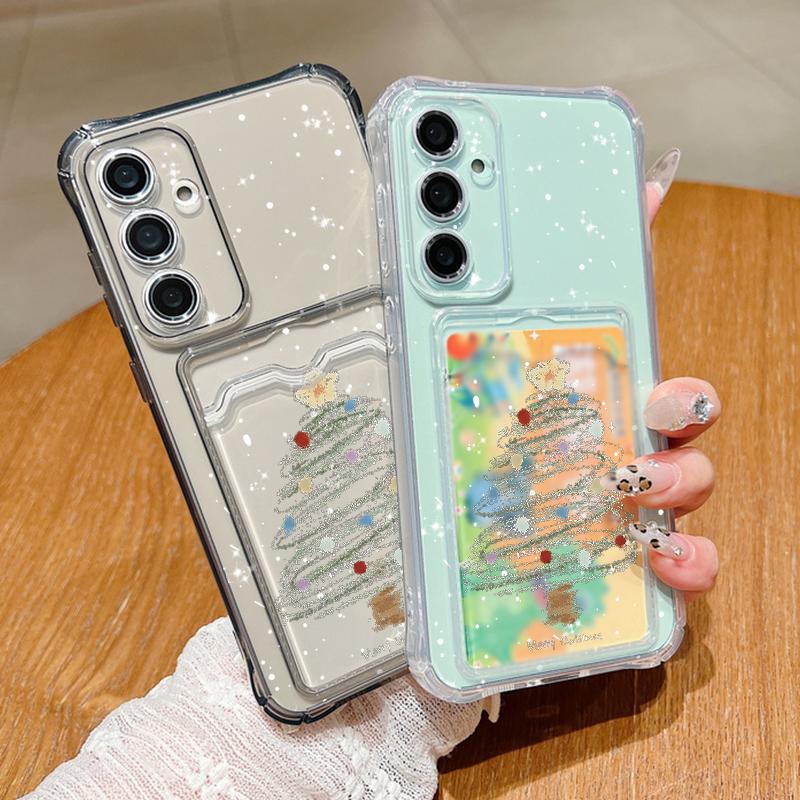 Christmas Tree Clear Card Bag Case For Samsung Galaxy S24 S23 S22 Ultra Plus S21 FE A52 A53 A54 A15 A14 A35 A34 A55 A16 5G Cover