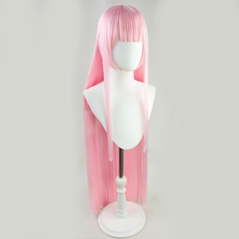 Pink Straight Long Wig Synthetic Hair Flat Bangs Cosplay Anime Party Costume Daily Wear Full Wigs for Women Girls