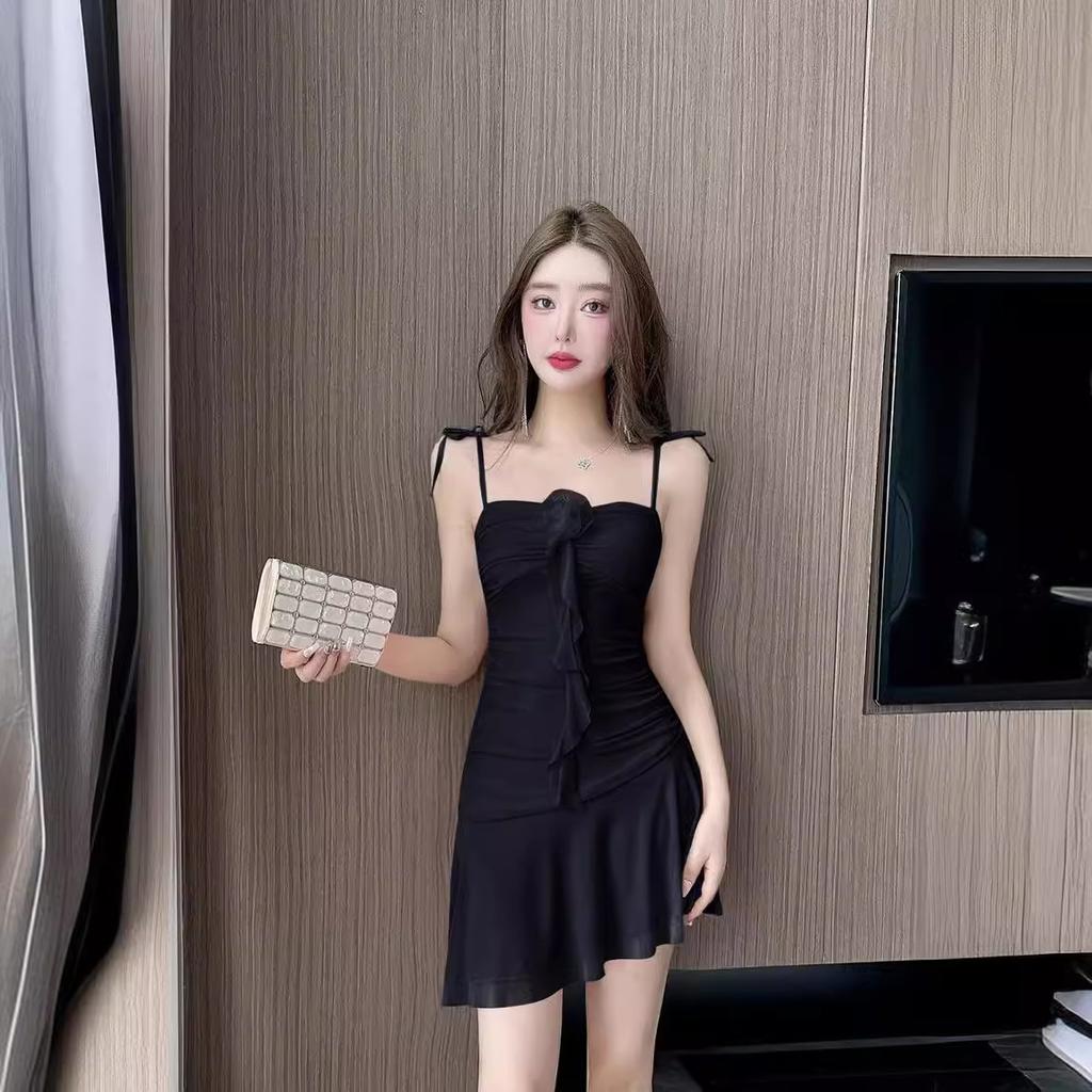 Sexy celebrity low-cut pleated flower splicing sleeveless suspender skirt sexy temperament backless ruffle edge slim skirt