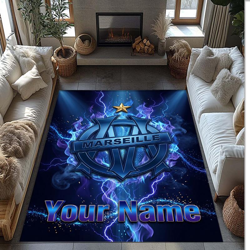 Olympique Marseille FC Printed Crystal Velvet Rug Non‑Slip Crystal Velvet Carpet For Sofa Bedroom Indoor Home Decoration