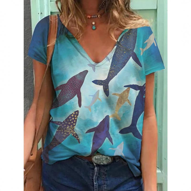 V-neck T Shirts Street 3D Printed Tees Short Sleeved Floral Bird Loose T-shirt for Women