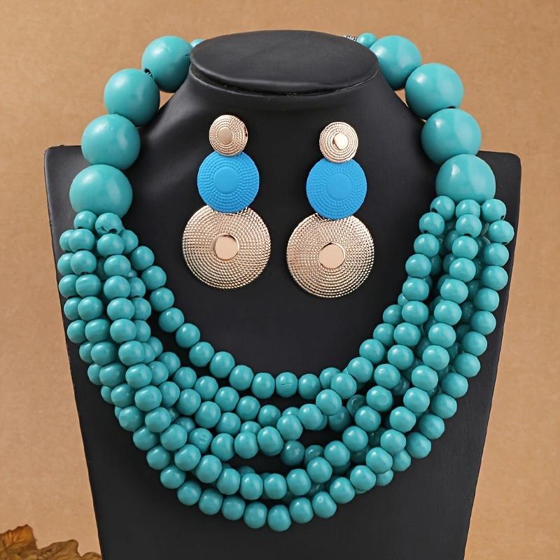 African Zircon Set Ethnic Style Multi-layer Handmade Wooden Beads Beaded Statement Necklace Earrings Women Party Accessories