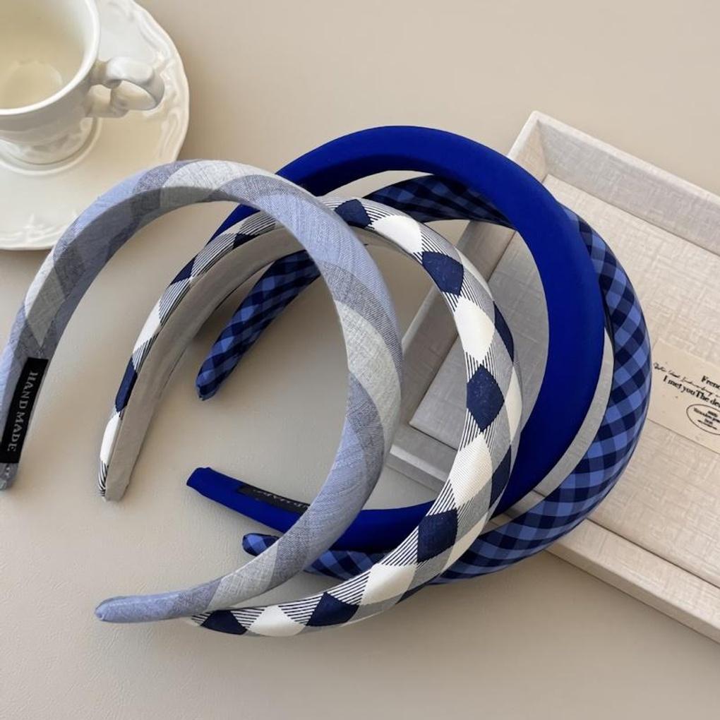 Damen Blau Marine Karomuster Breites Haarband Stirnband