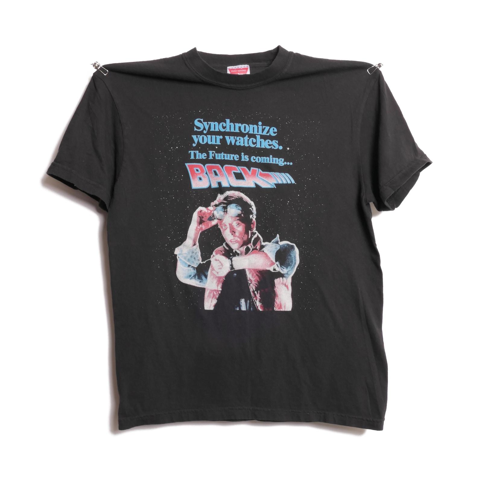 Back to the Future 2 II Sequel Movie Promo Tee Shirt Marty McFly Synchronize your watches Outta Time 1989 Film Release Boxy USA Made - Med 4XL