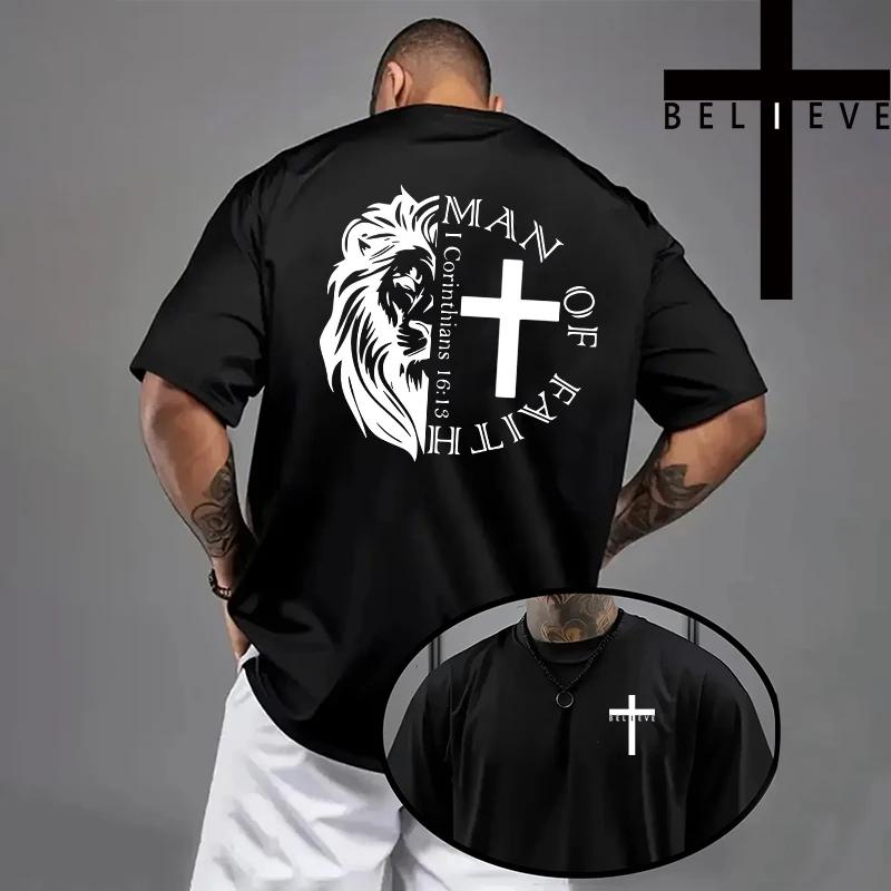Christ Print Tshirt Men High Quality Pure Color Short Sleeve Top Spring Summer Daily Casual Fashion Jesus Cross Cotton Tees