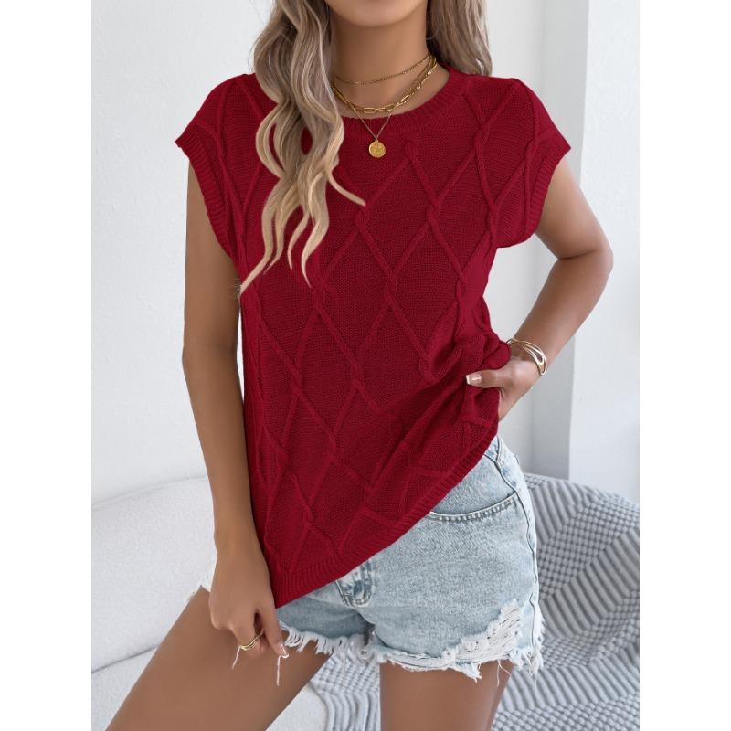 Summer solid color twist bat sleeve casual loose sweater diamond plaid sleeveless top