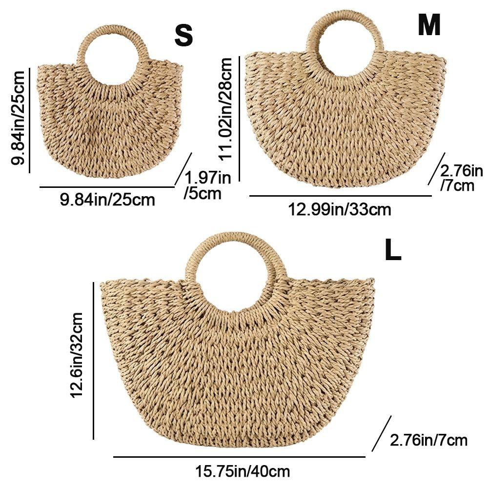 Hand Woven Straw Woven Handbag Large Tote Crossbody Shoulder Hand Woven Bag Boho Half-Moon Hollow Out Beach Bag Basket Tote