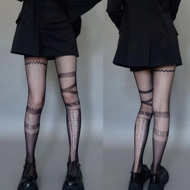 Japanese Style Women Sexy Fishnet Mesh Tights Stockings Harajuku Gothic Punk JK Asymmetric Patterned Cosplay Pantyhose