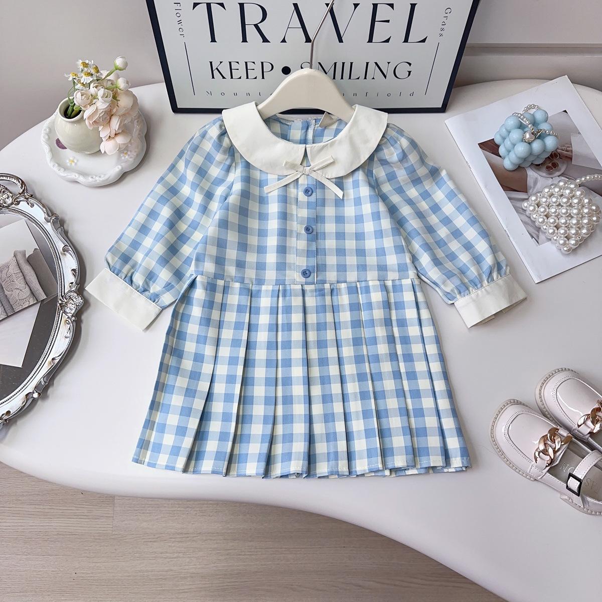 Girls Plaid Dress Spring Autumn Sweet Doll Collar Long Sleeve Princess Dress For Kids 90cm