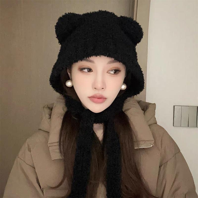 Cute Bear Ear Wool Hat Winter Beanies Warm LaceUp Ear Protection