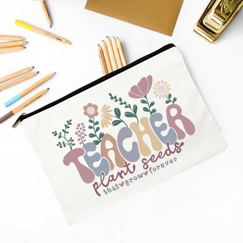 Teacher Flower Print Pencil Case Travel Makeup Bag School Stationery Supplies Storage Bags Wash Pouch Cosmetic Bags Teacher Gift