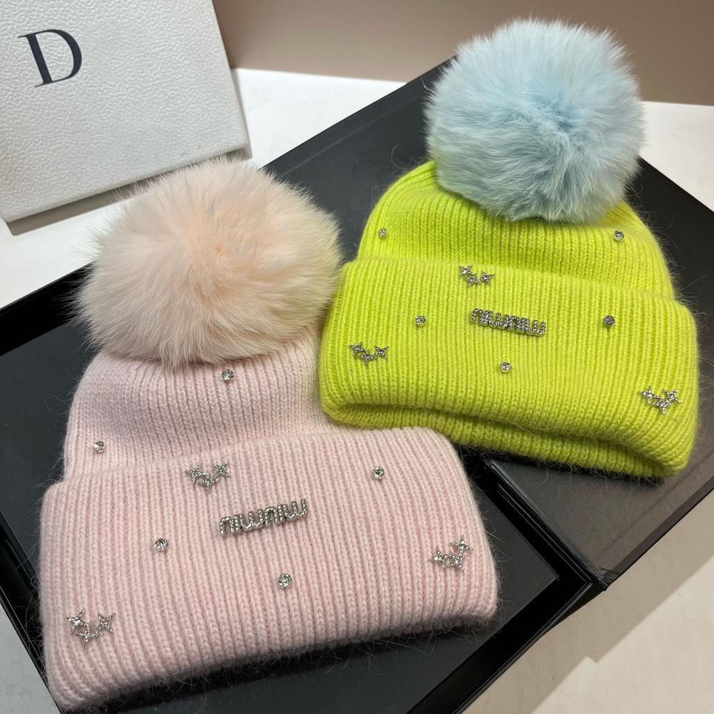 Light Luxury Rhinestone Min Small Fragrant Style Design Big Hairball Knitted Hat Winter Sweet Plush Warm Rabbit Fur Wool Hat