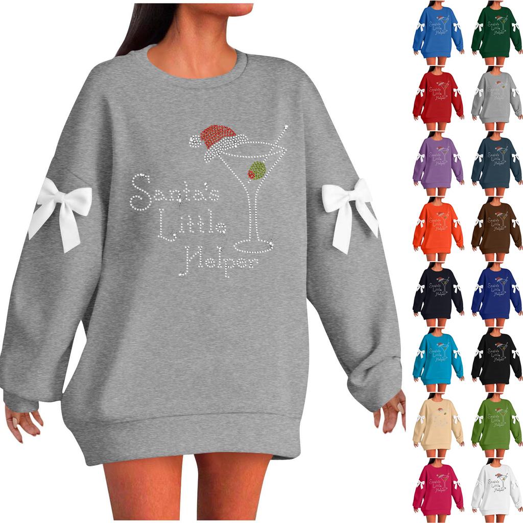 Ladies' Christmas Printed Bow Round Neck Long Sleeved Loose Pullover Sweater Sweatshirt Top