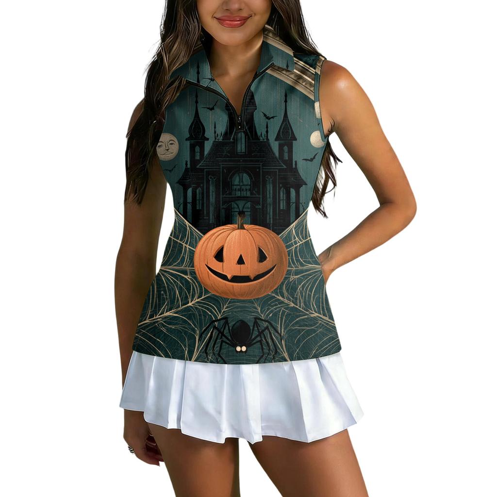 Women's Sleeveless Golf Shirt with Zip Front and Collar, Halloween Print Sporty Vest