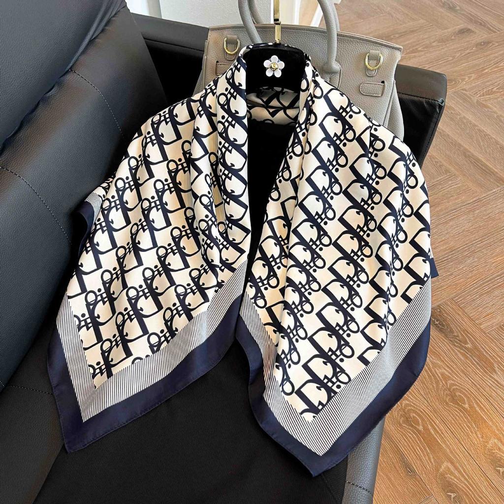 91Cm French Striped Large Square Scarf Women's Spring and Autumn Versatile Small Silk Scarf Stewardess Scarf White Scarf Foreign Style Shawl Women