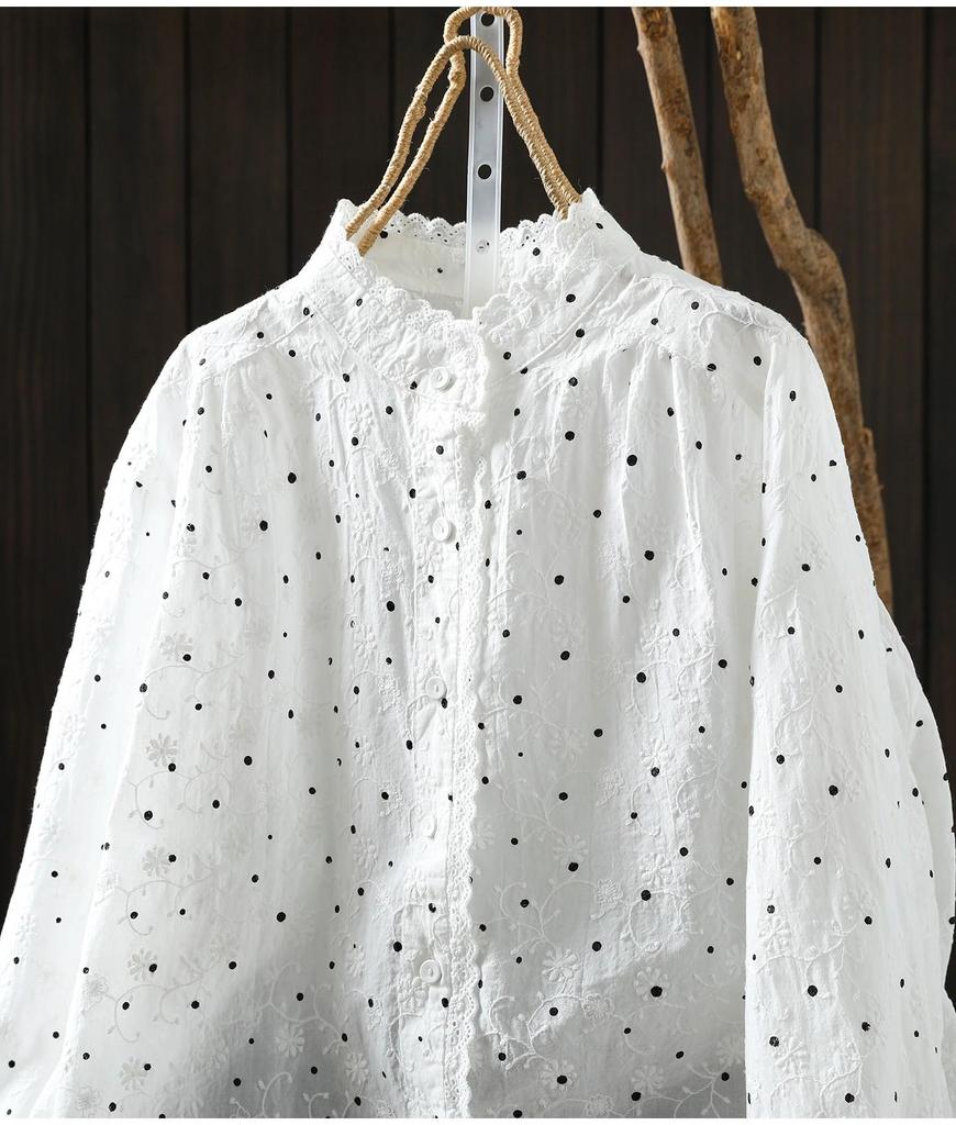 Women's Spring 2026 Polka Dot Lace Collar Cotton Shirt with Embroidered Jacquard Design