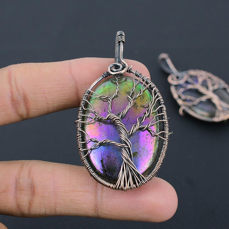 Natural Tree Of Life Multi Labradorite Copper Wire Wrap Pendant 2.56" v2d24