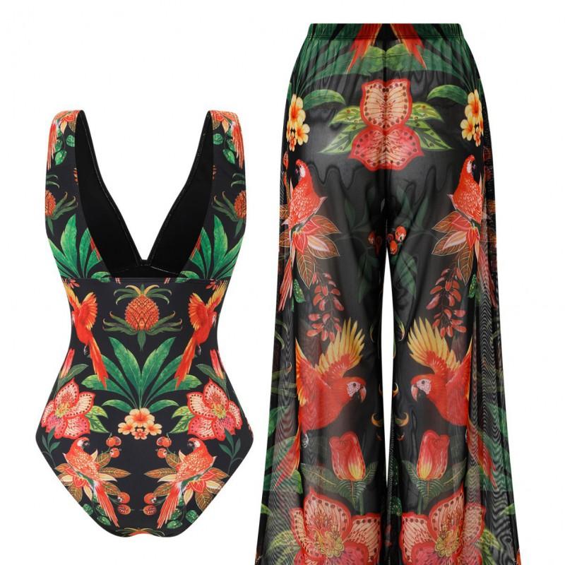 Plus Size Womens One Piece Swimsuit Printed Long Pants Swimwear Swimming