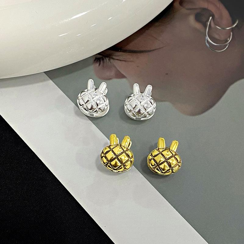 Ins Style Diamond Checkered Rabbit Ear Buttons for Women Cute Personality Retro Sweet Cool Ear Decoration