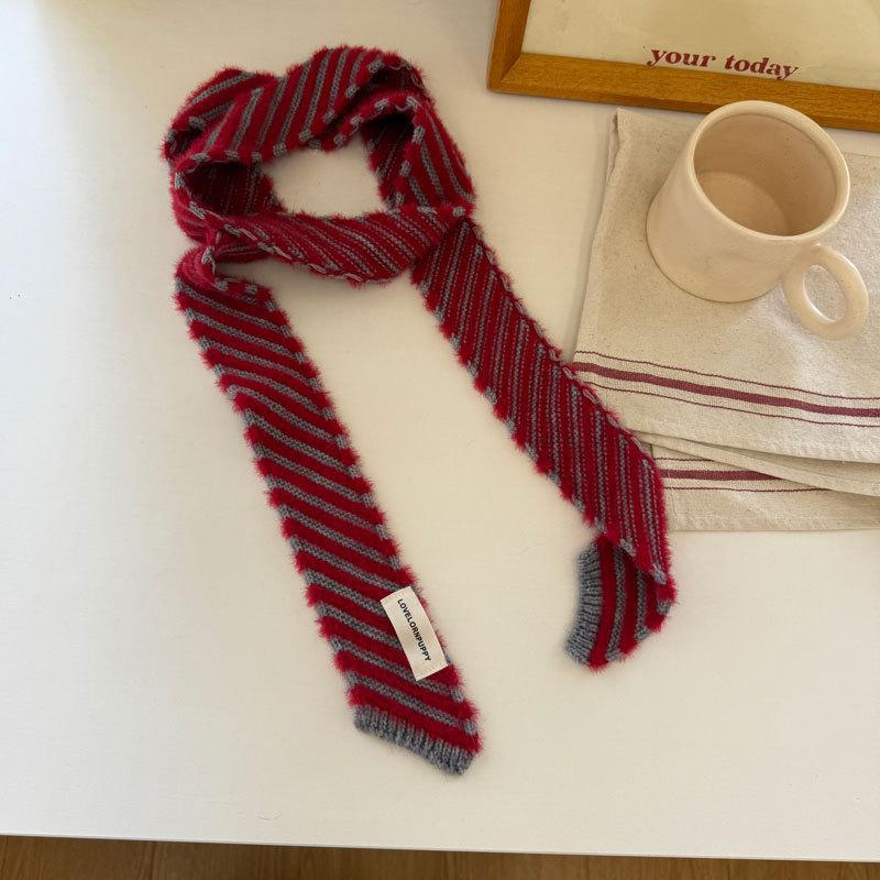 New Korean Version Striped Thin Women Decorate Scarf Japanese Style Mink Fur Decorative Chic Scarves Female Autumn Winter
