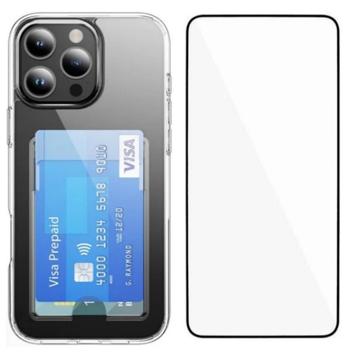 

For iPhone 16 Pro Clear Phone Case with Screen Film WANLONFENG CK Series Card Holder Cover (Big Lens Hole) Transparent