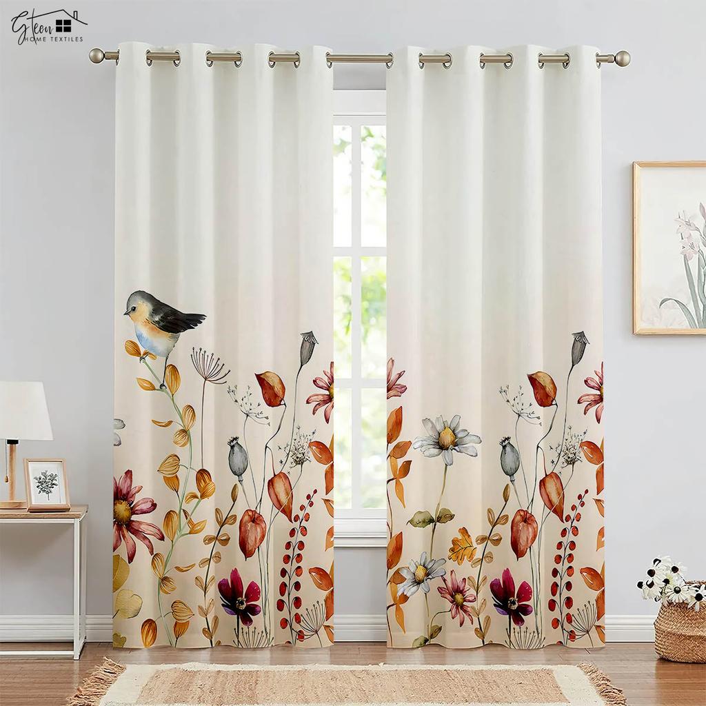 2-Piece Set of Of Autumn Leaf Print Design Window Curtains Machine Washable Bed Room Living Room Kitchen Four Seasons Decorative Curtains