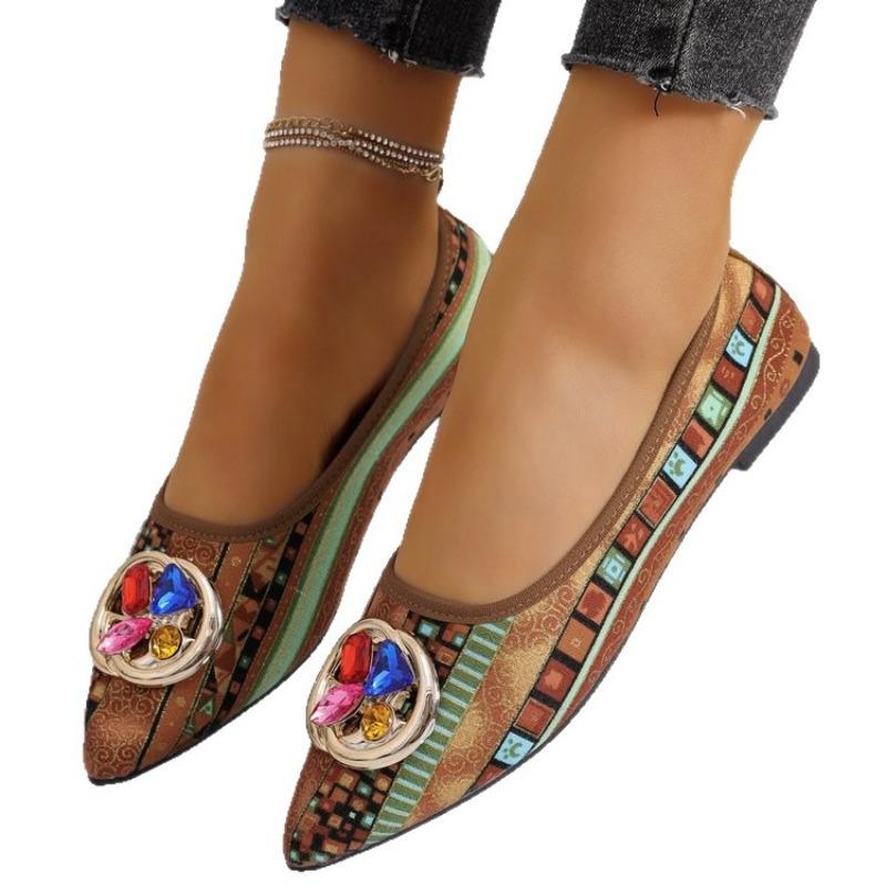 Damen Mittelgröße Metallschnalle Niedriger Absatz Graffiti Spitzschuh Tiefe Ausschnitte Ballerinas Retro Römischer Stil Neue Herbstschuhe