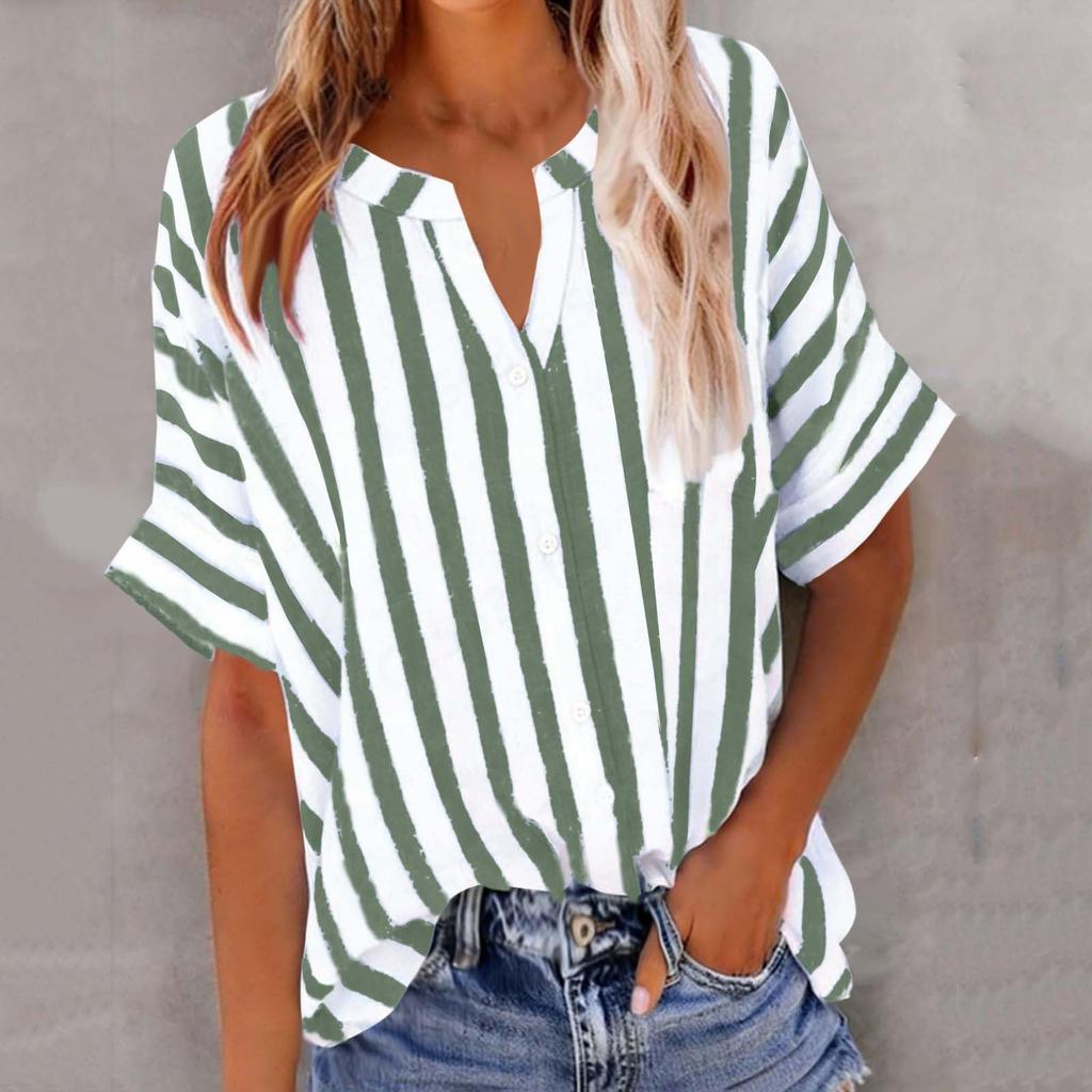Women's Fashion Loose-Fit V-Neck Button-Down Striped Contrast-Color Short-Sleeve Shirt
