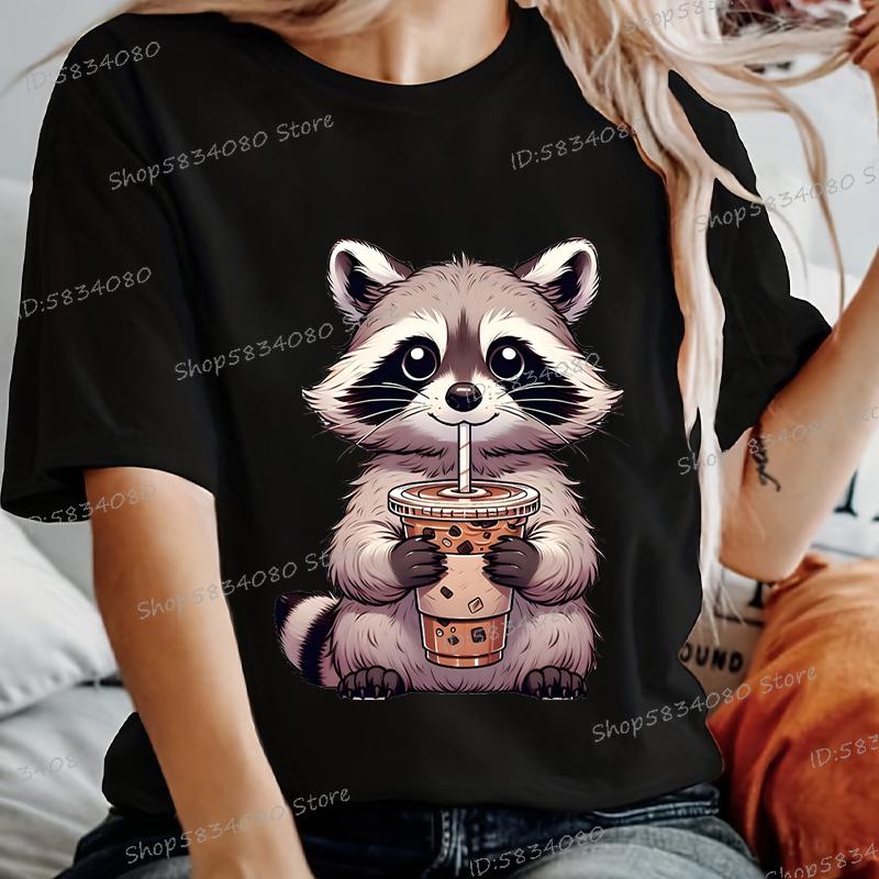 Trash Raccoon Latte Printed Womens T-Shirt Harajuku Cartoon Animal T Shirt Fashion Causal Women's Clothing Summer Raccoon Tops