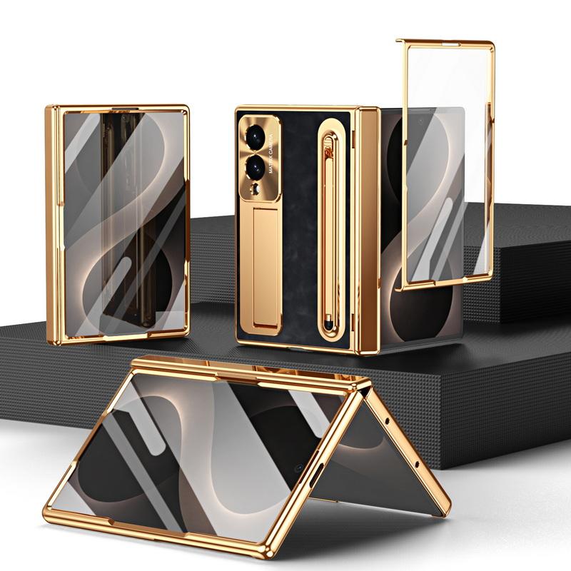 Plating Leather Phone Case For Samsung Galaxy Z Fold 8 Wide 7 6 5 4 TriFold Luxury Hidden Bracket Cover with Pen Slot & S Pen Screen Protector Film