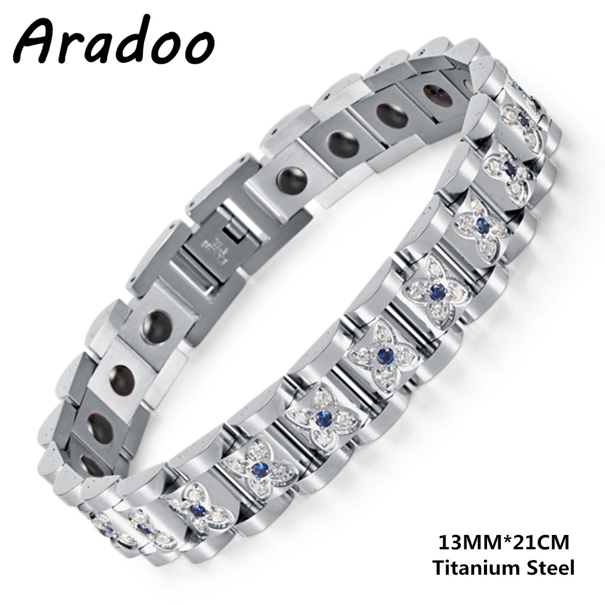Elegant Titanium Steel Zirconia Crystal Link Bracelet Hematite Magnetic Therapy Couple Bracelets 21CM