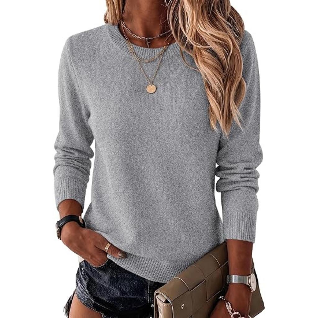Women's Casual Crewneck Knit Sweater Long Sleeve Color Pullover for Fall Winter
