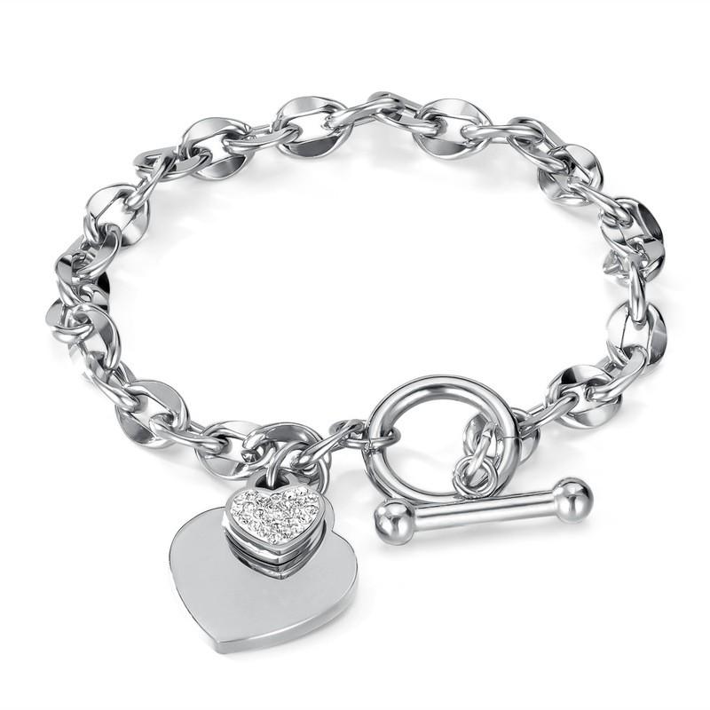 Stainless Steel Heart Charm Bracelet Women With OT Clasp Trendy Ins Style Titanium Jewelry 1012 Steel Tone