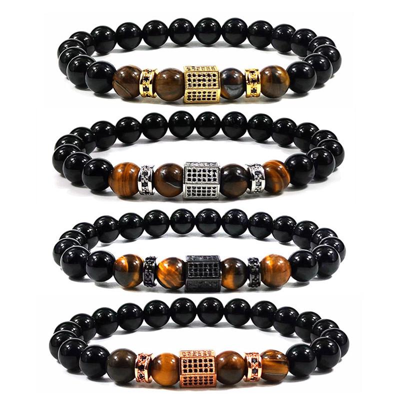 Men's Tiger Eye & Obsidian Copper Bracelet with Zircon Inlay