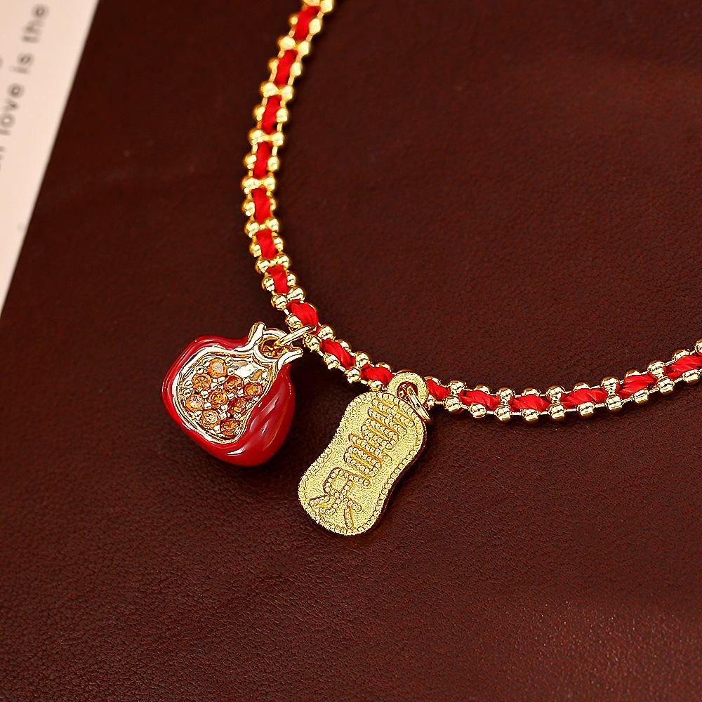 Festive Red Pomegranate Zircon Pendant Necklace & Enamel Bracelet with High-End Earrings Set