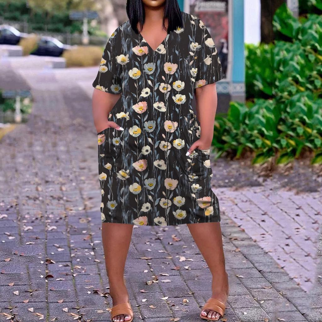 Summer Plus Size V Neck Short Sleeve Knee Pocket  Print Casual Dress For Women