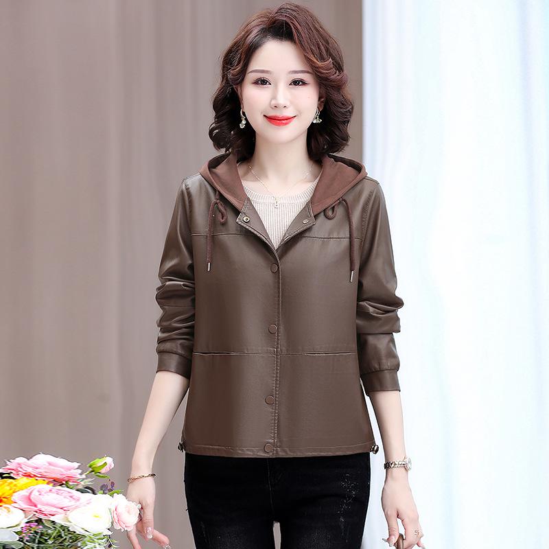 

Женская весенняя куртка с капюшоном из ПУ кожи - Короткий стиль для женщин среднего и пожилого возраста L (suggested 90-110 jin) кофейный