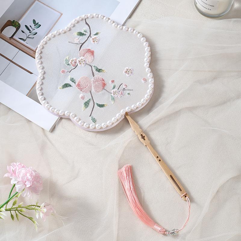 1PC Embroidery Round Fan, Ancient Female Dance Chinese Fairy Peach Blossom Handheld Small Round Fan, Folding Hand Fan