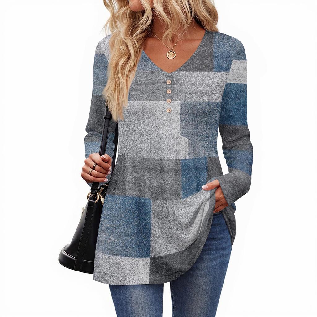 Women's Casual Fashion V-Neck Button Retro Floral Print Long Sleeve Top