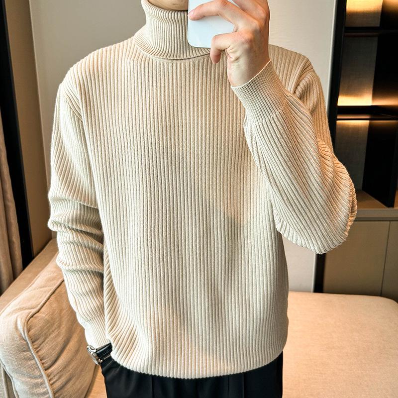 Men's Korean Style Ribbed High Neck Sweater - Autumn/Winter Versatile Long Sleeve Knitwear