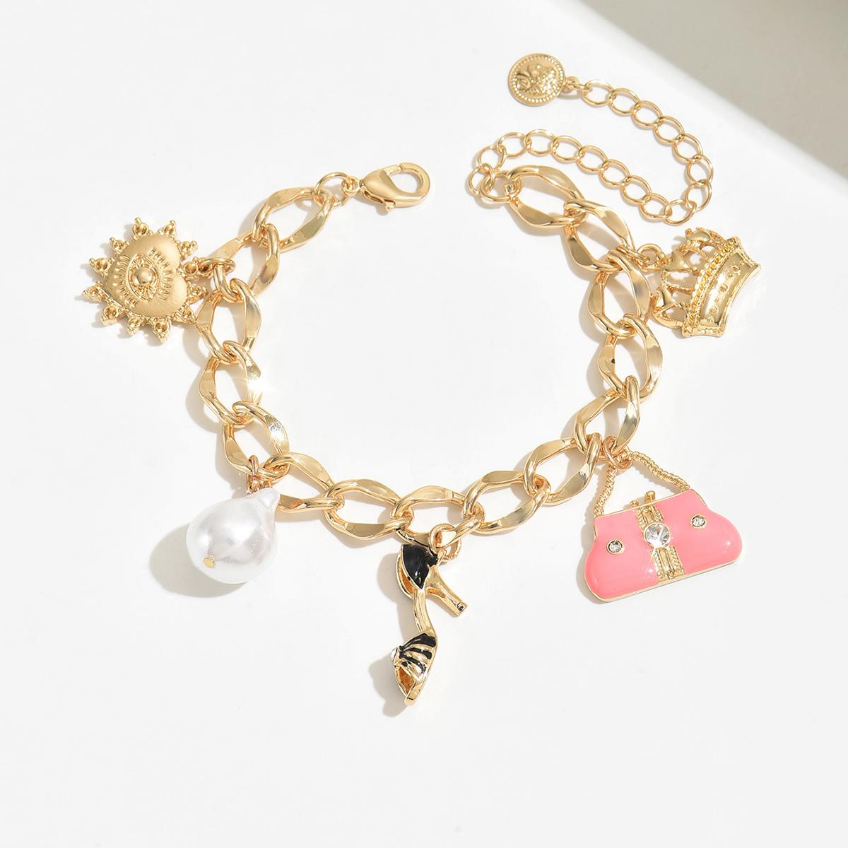 

Модная симпатичная парная цепочка в форме сердца с капающим маслом на высоких каблуках, сумка с короной и монетой, искусственный жемчуг, женский браслет, ежедневные свидания, подарки на вечеринку Size-one size