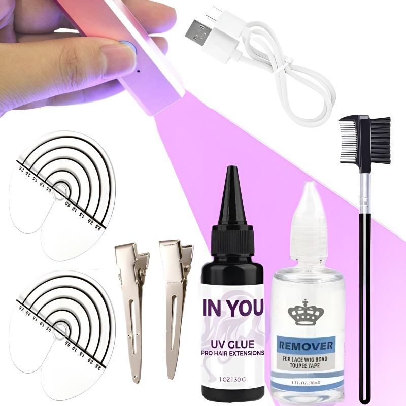 

UV Hair Extension Glue Kit Fast Cured UV Lamp 30g Clear UV Glue with 30ml Remover Anti-UV Guards for UV Hair Wig Extensions A set
