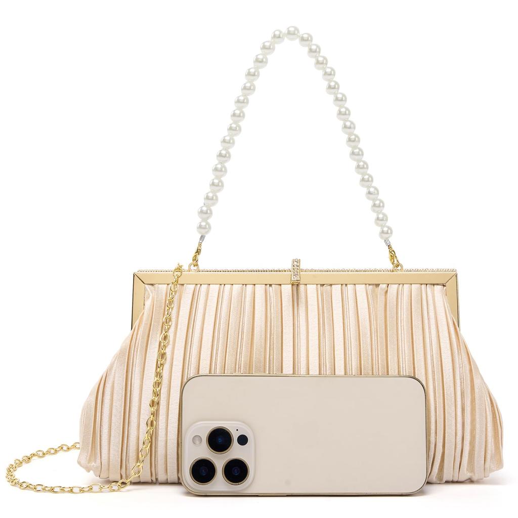 Baisikou Party Bag, Wedding Bag, Large, 2-Way Pleated, Women's HandbagShoulder Bag, Perfect for Receptions and Guests (Champagne Gold)