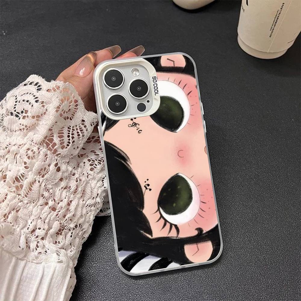 Kawaii Cute Black Big Eyes Cool Colored Silver frosted For iPhone Phone Case 17 16 15 14 13 12 11 Pro Max XR Plus Shockproof
