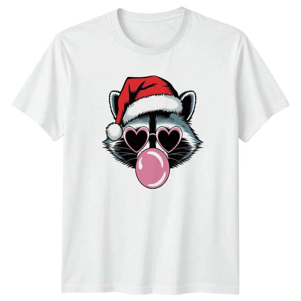 Raccoon Santa Hat Heart Sunglasses Christmas Holidays Graphic Unisex Tee S